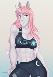 Size: 1752x2550 | Tagged: safe, artist:askbubblelee, oc, oc only, oc:rosie quartz, unicorn, anthro, abs, anthro oc, beautiful, beautisexy, belly button, biceps, big breasts, breasts, busty oc, cleavage, clothes, crescent moon, curved horn, curvy, digital art, female, horn, lips, logo, mare, moon, muscles, muscular female, pants, scar, sexy, shoulder fluff, smiling, solo, sports bra, sweat, text, thighs, tight clothing, underass, wide hips, workout outfit, yoga pants