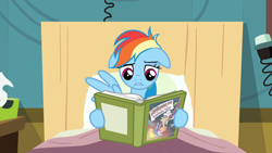 Size: 1920x1080 | Tagged: safe, screencap, rainbow dash, pegasus, pony, g4, read it and weep, bed, book, female, floppy ears, mare, solo