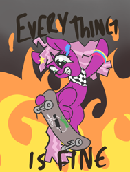 Size: 1510x2000 | Tagged: safe, artist:t72b, derpibooru exclusive, cheerilee, earth pony, pony, g4, 80s, 80s cheerilee, april fools 2020, braces, everything is fine, everything is ruined, female, fire, mare, skateboard, solo