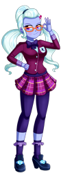 Size: 604x1696 | Tagged: safe, artist:the-butch-x, sugarcoat, equestria girls, g4, breasts, clothes, crystal prep academy uniform, crystal prep shadowbolts, female, glasses, lidded eyes, pigtails, plaid skirt, pleated skirt, school uniform, shoes, simple background, skirt, smiling, socks, solo, transparent background, twintails