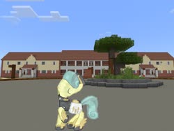 Size: 2048x1536 | Tagged: safe, artist:topsangtheman, gameloft, golden hooves (g4), crystal pony, pony, g4, eyes closed, house, minecraft, photoshopped into minecraft, pose, raised hoof, roundabout, tree