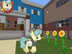 Size: 2048x1536 | Tagged: safe, artist:topsangtheman, gameloft, golden hooves (g4), crystal pony, pony, g4, flower, garden, house, looking at you, minecraft, photoshopped into minecraft, sunflower