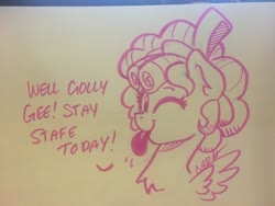 Size: 2048x1536 | Tagged: safe, artist:cadetredshirt, cozy glow, pegasus, pony, bow, curly hair, curly mane, female, filly, foal, hair bow, ink drawing, monochrome, one eye closed, out of character, photo, simple background, solo, text, tongue out, traditional art, wings, wink
