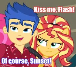 Size: 562x500 | Tagged: safe, edit, edited screencap, screencap, flash sentry, sunset shimmer, cheer you on, equestria girls, g4, my little pony equestria girls: better together, caption, cropped, female, image macro, male, meme, ship:flashimmer, shipping, straight, text