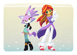 Size: 1407x1000 | Tagged: safe, artist:howxu, sunset shimmer, cat, anthro, g4, blaze the cat, boots, clothes, commission, cosplay, costume, dress, duo, female, gem, gloves, high heel boots, high heels, jacket, leather jacket, ponytail, shoes, sonic the hedgehog (series), switch