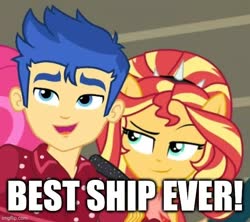 Size: 562x500 | Tagged: safe, edit, edited screencap, screencap, flash sentry, sunset shimmer, cheer you on, equestria girls, g4, my little pony equestria girls: better together, best ship, best ship ever, caption, cropped, female, image macro, male, meme, ship:flashimmer, shipping, straight, text