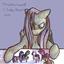 Size: 650x650 | Tagged: safe, artist:trytoasknicely, applejack, fluttershy, pinkie pie, rainbow dash, rarity, twilight sparkle, pegasus, pony, g4, blog, discorded, female, out of character, photo, toy