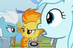 Size: 1088x720 | Tagged: safe, edit, edited screencap, screencap, fleetfoot, spitfire, oc, oc:windy breeze, pegasus, pony, g4, rainbow falls, dialogue wheel, implied shipping, implied soarin, looking at each other, warmup suit, wonderbolts