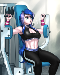 Size: 2250x2845 | Tagged: safe, artist:mykegreywolf, edit, princess luna, vice principal luna, human, equestria girls, g4, abs, armpits, belly, belly button, belly shirt, biceps, blacked, boob window, branded hem, breasts, clothes, female, gym, halter top, high res, midriff, muscles, muscular female, pants, princess muscle moona, reasonably sized breasts, sitting, solo, sports bra, vice principal muscle moona, workout, workout outfit