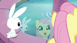 Size: 1920x1080 | Tagged: safe, screencap, angel bunny, fluttershy, pony, rabbit, g4, she talks to angel, animal, duo, female, fountain, male, mare, reflection, tongue out, water