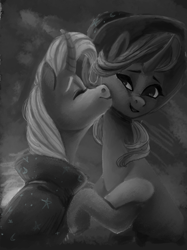 Size: 1280x1707 | Tagged: safe, artist:violettacamak, starlight glimmer, trixie, pony, unicorn, g4, cheek kiss, curved horn, duo, female, grayscale, horn, kissing, lesbian, mare, monochrome, ship:startrix, shipping, sunset