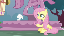 Size: 1920x1080 | Tagged: safe, screencap, angel bunny, fluttershy, pegasus, pony, rabbit, g4, she talks to angel, animal, eyes closed, female, fountain, male, mare, sitting, statue