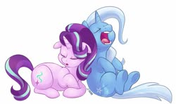 Size: 1015x600 | Tagged: safe, artist:araej, artist:vampireselene13, starlight glimmer, trixie, pony, unicorn, g4, duo, female, leaning, lying down, mare, simple background, sleeping, snoring, white background