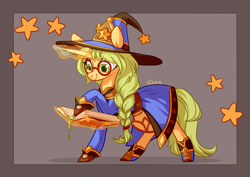 Size: 4093x2894 | Tagged: safe, artist:shore2020, oc, oc only, oc:honey nevaeh, pony, unicorn, book, braid, clothes, female, glasses, hat, high res, magic, mare, reading, robe, shoes, solo, stars, telekinesis, wizard, wizard hat, wizard robe