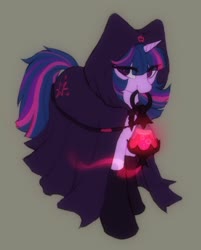 Size: 1500x1867 | Tagged: safe, artist:orchidpony, twilight sparkle, pony, unicorn, g4, cloak, clothes, cultist, eye clipping through hair, female, gray background, lantern, mare, mouth hold, simple background, socks, solo, unicorn twilight