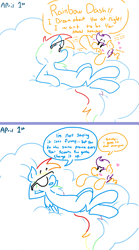 Size: 923x1655 | Tagged: safe, artist:doodledandy, rainbow dash, scootaloo, pegasus, pony, g4, april fools, blush sticker, blushing, female, filly, foal, implied lesbian, implied scootadash, implied shipping, lesbian, limited palette, mare, ship:scootadash, shipping, sunglasses