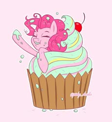 Size: 816x886 | Tagged: safe, artist:pinkyydoodles, pinkie pie, earth pony, pony, g4, cupcake, eating, eyes closed, female, food, solo