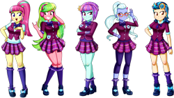 Size: 3020x1699 | Tagged: safe, artist:the-butch-x, indigo zap, lemon zest, sour sweet, sugarcoat, sunny flare, equestria girls, g4, clothes, crystal prep academy uniform, crystal prep shadowbolts, cute, hand on hip, leggings, legs, looking at you, plaid skirt, pleated skirt, ponytail, quintet, school uniform, shadow five, simple background, skirt, smiling, sourbetes, sugarcute, thighs, transparent background, zapabetes