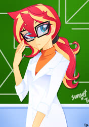 Size: 2316x3294 | Tagged: safe, artist:xan-gelx, sunset shimmer, equestria girls, g4, alternate hairstyle, chalkboard, clothes, cute, digital art, eyelashes, female, glasses, hair tie, high res, lab coat, ponytail, scientist, shimmerbetes, solo, sweater, turtleneck