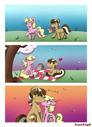 Size: 2543x3496 | Tagged: safe, artist:rosexknight, oc, oc:short fry, oc:whip up, earth pony, pony, unicorn, comic:cherry bomb, basket, cherry blossoms, chubby, comic, cup, descriptive noise, female, flower, flower blossom, food, grass, heart, high res, laughing, lidded eyes, male, one eye closed, outdoors, picnic, picnic basket, picnic blanket, plate, sandwich, size difference, straw, sunset, tree, whort