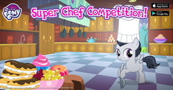 Size: 1200x630 | Tagged: safe, gameloft, rumble, pegasus, pony, g4, official, advertisement, chef's hat, colt, cupcake, eclair, facebook, food, hat, hoof hold, jello, kitchen, male, my little pony logo, solo, spoon