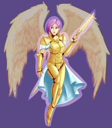 Size: 1896x2160 | Tagged: safe, artist:justpony, fluttershy, human, g4, armor, female, humanized, solo, spear, weapon, winged humanization, wings