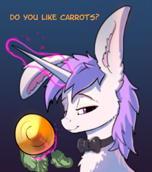Size: 1537x1741 | Tagged: safe, artist:xbi, oc, oc only, oc:lapush buns, bunnycorn, pony, unicorn, bowtie, bunny ears, bust, carrot, do you like bananas?, food, gradient background, herbivore, impossibly large ears, looking at you, solo
