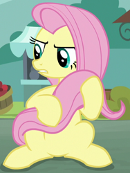 Size: 478x636 | Tagged: safe, screencap, angel bunny, fluttershy, pegasus, pony, g4, she talks to angel, angel bunny is not amused, angry, body swap, cropped, female, looking at someone, mare, sitting, tail hold
