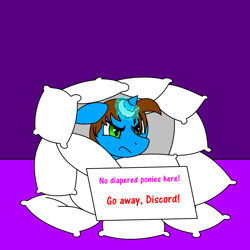 Size: 1000x1000 | Tagged: safe, artist:neoryan2, oc, oc only, oc:mindset, pony, unicorn, angry, implied diaper, magic suppression, pillow, pillow pile