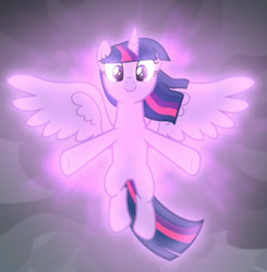 Size: 600x611 | Tagged: safe, screencap, twilight sparkle, alicorn, pony, g4, the ending of the end, cropped, female, floating, glowing, looking at you, magic, magic of friendship, smiling, solo, spread wings, twilight sparkle (alicorn), wings
