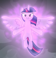 Size: 599x622 | Tagged: safe, screencap, twilight sparkle, alicorn, pony, g4, the ending of the end, cropped, female, floating, glowing, lidded eyes, magic, magic of friendship, smiling, solo, spread wings, twilight sparkle (alicorn), wings