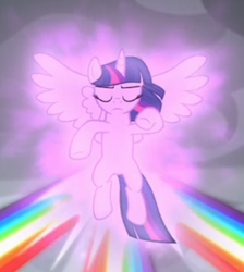 Size: 388x433 | Tagged: safe, screencap, twilight sparkle, alicorn, pony, g4, the ending of the end, cropped, eyes closed, female, floating, focus, glowing, magic of friendship, rainbow, solo, spread wings, twilight sparkle (alicorn), wings