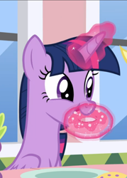 Size: 598x835 | Tagged: safe, screencap, twilight sparkle, alicorn, pony, g4, the ending of the end, cropped, cute, donut, eating, female, food, glowing horn, horn, levitation, magic, mare, nom, sitting, solo, telekinesis, twiabetes, twilight sparkle (alicorn)