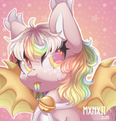 Size: 909x950 | Tagged: dead source, safe, artist:mxnxii, oc, oc only, oc:puffle, bat pony, pony, bell, bell collar, bust, collar, female, mare, portrait, solo, tongue out