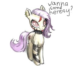 Size: 889x779 | Tagged: safe, artist:justpony, fluttershy, pony, g4, alternate hairstyle, choker, chokershy, cultist chan, ear piercing, earring, female, heresy, jewelry, mlem, piercing, punk, reference, silly, simple background, solo, spiked choker, tongue out, warhammer (game), warhammer 40k, white background