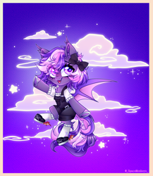 Size: 4940x5696 | Tagged: safe, artist:_spacemonkeyz_, oc, oc only, oc:midnight mist, bat pony, pony, absurd resolution, clothes, cloud, female, mare, night, overalls, shirt, solo