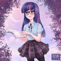 Size: 600x600 | Tagged: safe, artist:vilyann, part of a set, twilight sparkle, human, g4, book, clothes, crescent moon, cute, female, glasses, humanized, moon, open mouth, plaid skirt, skirt, solo, stockings, thigh highs, twiabetes
