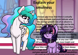 Size: 3138x2217 | Tagged: safe, artist:duop-qoub, princess celestia, twilight sparkle, alicorn, pony, descended twilight, g4, angry, chest fluff, collar, duo, explain your smolness, female, fluffy, funny, high res, looking at each other, mare, meme, obscured text, smol, twilight sparkle (alicorn)