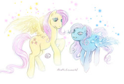 Size: 737x500 | Tagged: safe, artist:aliothgrenwahl, fluttershy, wind whistler, pony, g1, g4, butterscotch, flying, rule 63