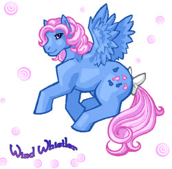 Size: 502x493 | Tagged: artist needed, safe, wind whistler, pony, g1, abstract background, bow, flying, looking at you, tail bow