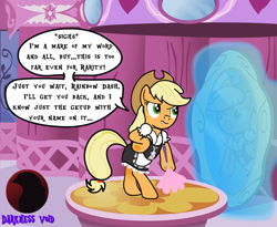 Size: 2114x1736 | Tagged: safe, artist:darktailsko, applejack, earth pony, pony, g4, applejack's hat, apron, bipedal, clothes, commission, cowboy hat, dress, duster, female, freckles, hat, implied rainbow dash, implied rarity, lip bite, lost bet, maid, mare, solo, speech bubble, watermark