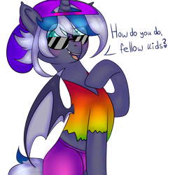 Size: 2500x2500 | Tagged: safe, artist:bublebee123, oc, oc only, oc:elizabat stormfeather, alicorn, bat pony, bat pony alicorn, pony, '90s, 90's fashion, alicorn oc, april fools, april fools 2020, backwards ballcap, baseball cap, bat pony oc, bat wings, blushing, cap, clothes, fangs, female, hat, high res, horn, how do you do fellow kids, mare, open mouth, pants, shirt, simple background, solo, sunglasses, t-shirt, transparent background, wings