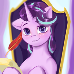 Size: 4096x4096 | Tagged: safe, artist:xxpaw2001xx, starlight glimmer, pony, unicorn, g4, absurd resolution, blushing, bust, cute, female, glimmerbetes, headmare starlight, looking at you, magic, mare, paper, quill, school of friendship, sitting, smiling, solo, telekinesis