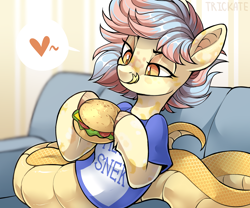 Size: 3000x2500 | Tagged: safe, artist:trickate, oc, oc only, lamia, original species, pony, snake, snake pony, rcf community, burger, couch, fast food, food, high res, licking, licking lips, solo, tongue out