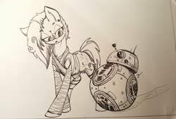 Size: 2048x1383 | Tagged: safe, artist:lucas_gaxiola, oc, earth pony, pony, bb-8, clothes, crossover, duo, earth pony oc, female, heart, lineart, mare, signature, star wars, traditional art