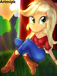Size: 1536x2048 | Tagged: safe, artist:artmlpk, applejack, equestria girls, g4, adorable face, adorkable, alternate hairstyle, bare shoulders, beautiful, boots, clothes, cowboy boots, cowgirl style, crepuscular rays, cute, denim, dork, female, freckles, hat, jackabetes, jeans, light rays, looking at you, mountain, outfit, pants, shoes, sitting, smiling, solo, sun, tree
