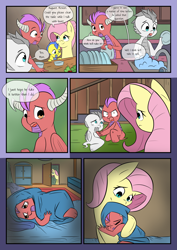 Size: 2893x4092 | Tagged: safe, artist:mustachedbain, fluttershy, oc, oc:august, oc:izen, oc:rexion, dragon, pegasus, pony, comic:my dragon children, g4, adopted offspring, alternate hairstyle, blanket, comic, dish, female, hug, male, mother and child, mother and son