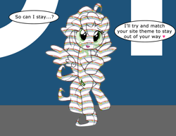 Size: 2939x2271 | Tagged: safe, anonymous editor, artist:badumsquish-edits, derpibooru exclusive, edit, oc, oc only, oc:derpi dot, pony, derpibooru, april fools, april fools 2020, badumsquish is trying to murder us, cute, dialogue, floating wings, heart, messy mane, meta, ocbetes, pixel art, show accurate, solo, talking to viewer, tiny, tiny ponies, wings