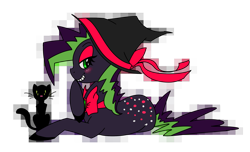 Size: 2575x1569 | Tagged: safe, artist:doodleshire, oc, oc only, cat, earth pony, pony, duo, earth pony oc, grin, hat, prone, simple background, smiling, transparent background, witch hat