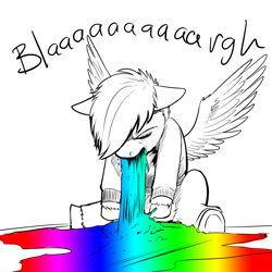Size: 1000x1000 | Tagged: safe, artist:aphexangel, scootaloo, pegasus, pony, g4, partial color, puking rainbows, spread wings, stalkerloo, vomit, vomiting, wings